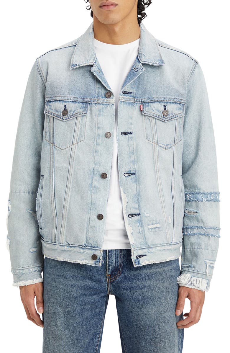 Levi's<sup>®</sup> Distressed Cotton Denim Trucker Jacket, Main, color, 