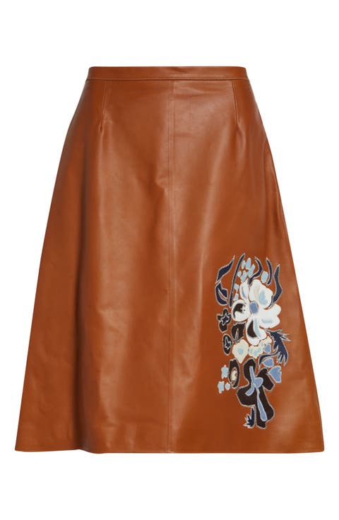 Flower Intarsia Leather Skirt