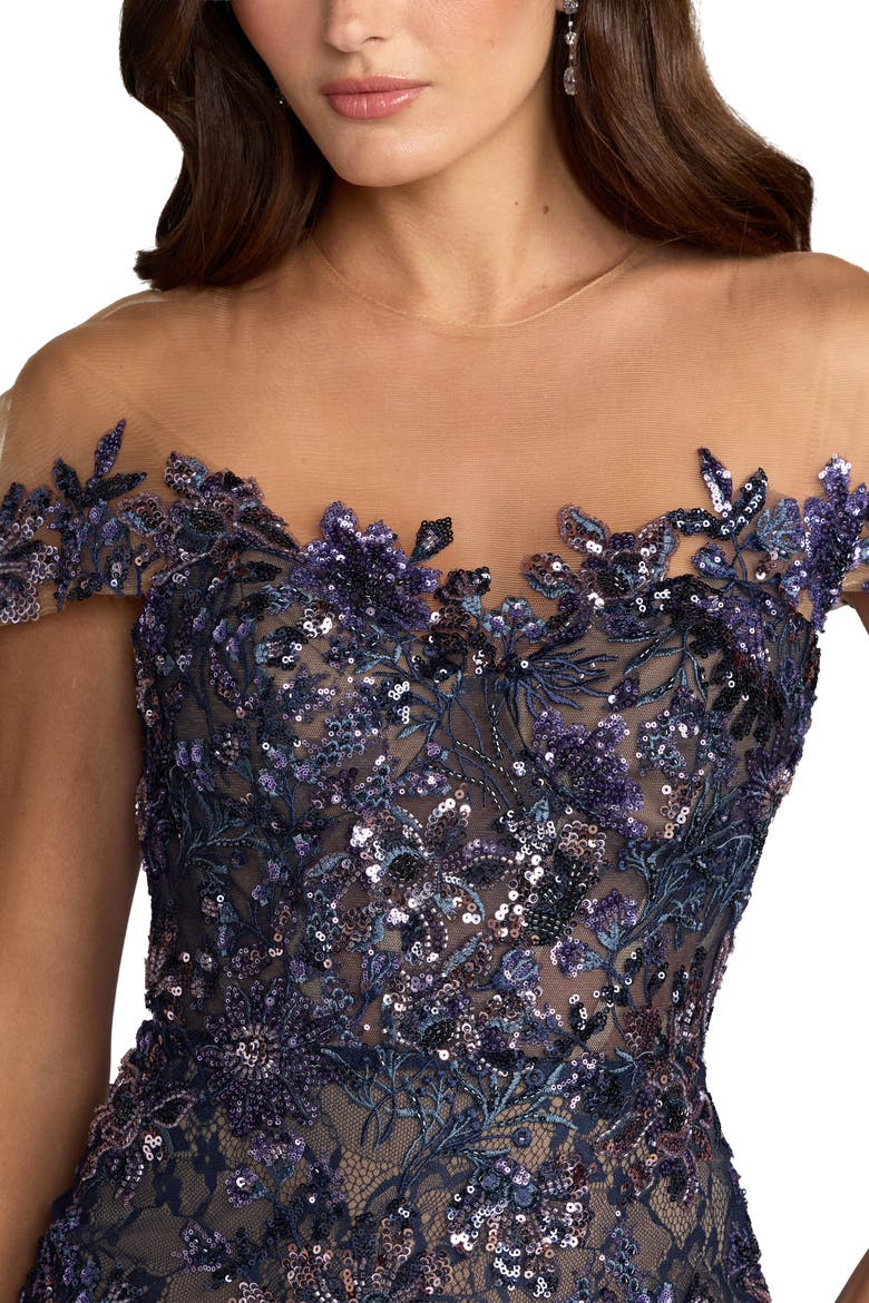 Lace Mesh Illusion Neck Cap Sleeve Trumpet Gown, Alternate, color, Midnight