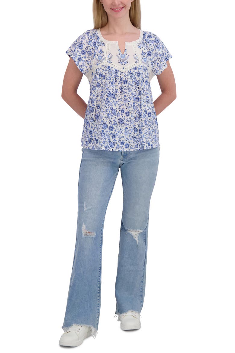 Floral Lace Trim Cotton Babydoll Top, Alternate, color, BLUE MULTI