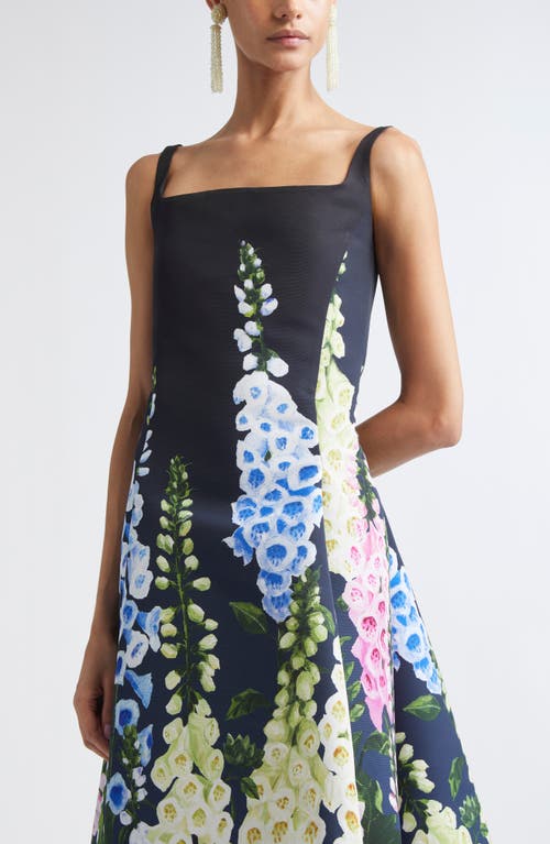 Oscar De La Renta Multi Foxglove Degrade Printed Faille Midi Cocktail Dress In Blue