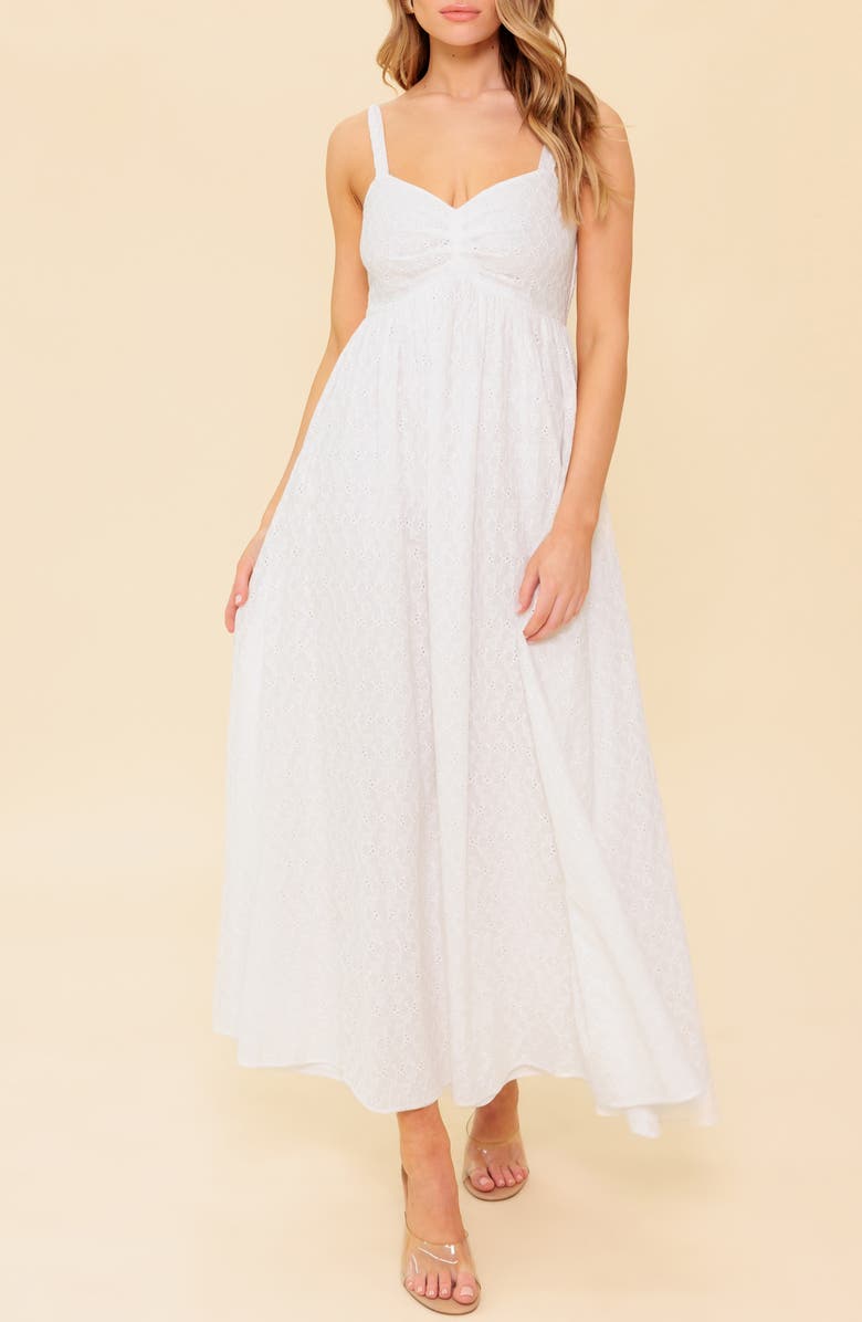 FLYING TOMATO Embroidered Eyelet Empire Waist Cotton Maxi Dress, Alternate, color, Ivory