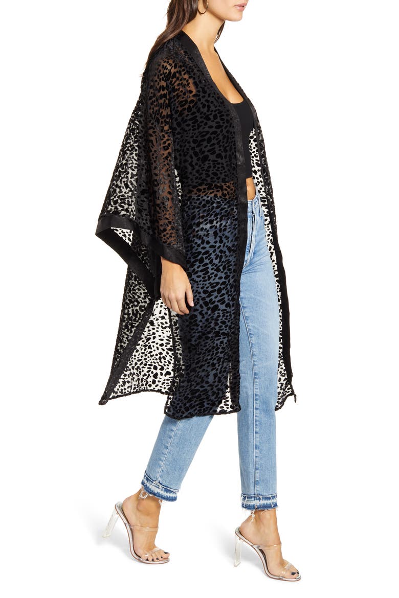 Lorenza Burnout Velvet Leopard Pattern Long Jacket, Alternate, color, BLACK