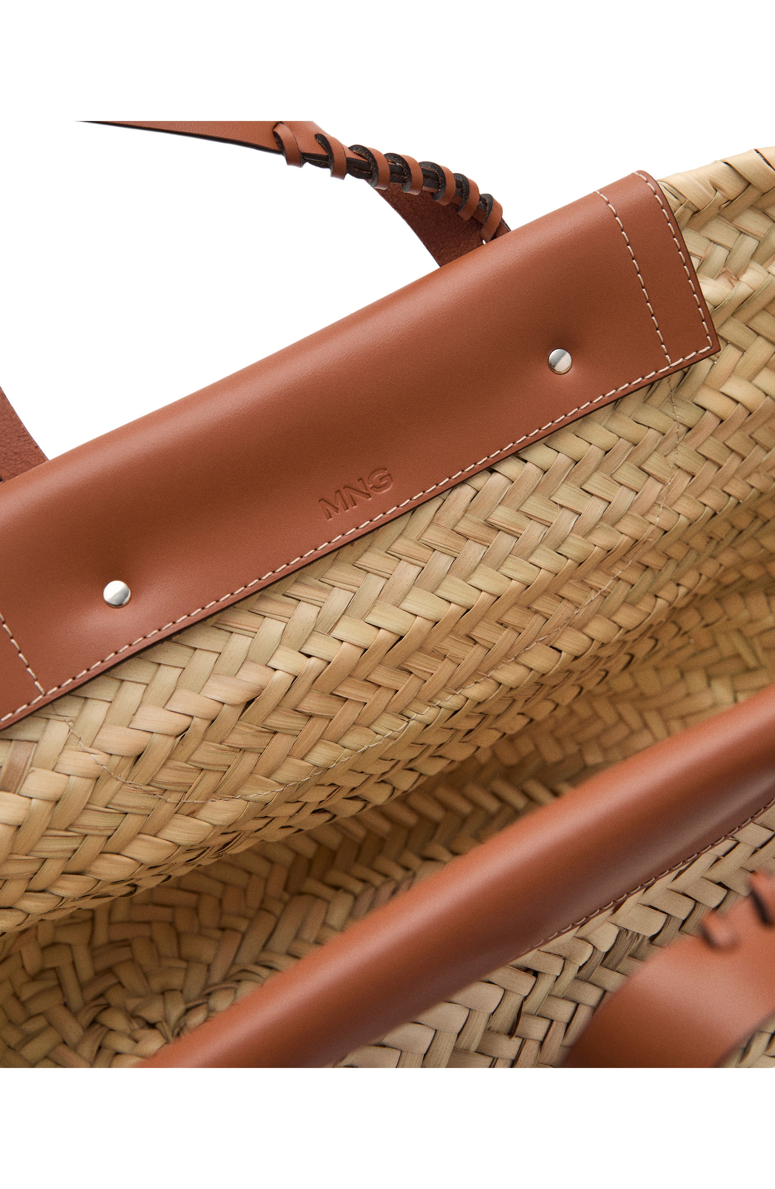 MANGO Large Straw Basket Bag, Alternate, color, Leather