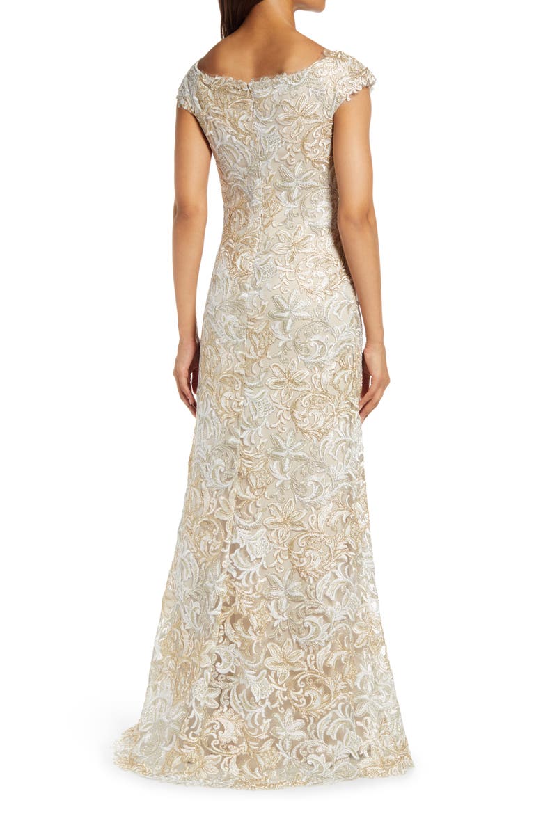 Cap Sleeve Embroidered Lace Gown, Alternate, color, WHITE/GOLD