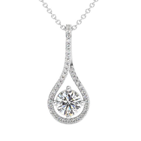 1 1/10Ct TW Diamond Halo Drop Pendant 14k Gold Necklace Lab Grown 1" Tall