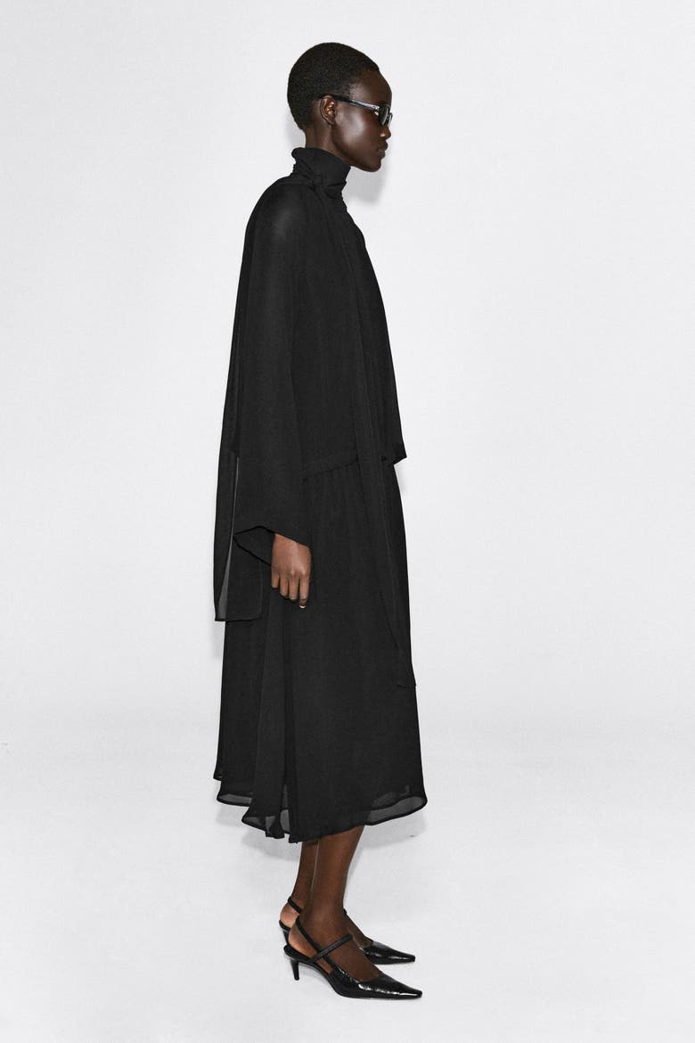 Fluid Scarf-detail Midi Dress, Alternate, color, BLACK