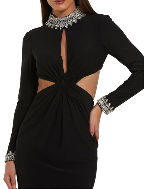 Mac Duggal Long Sleeve Mock Neck Beaded Jersey Cut Out Gown In Black