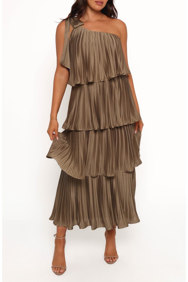 Mia One-Shoulder Tiered Plissé Midi Dress, Main, color, OLIVE