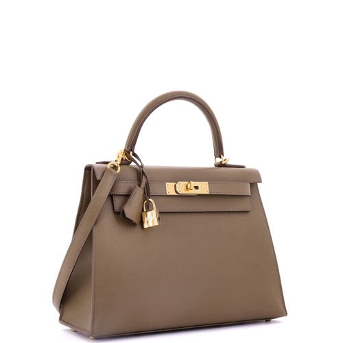 Pre-owned Hermes  Hermes Kelly Handbag Grey Clemence With Gold Hardware 28 In Brown