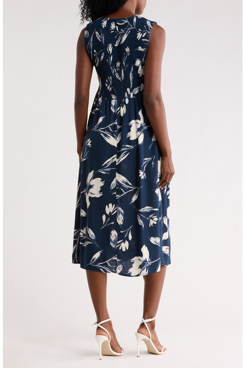 Smocked Sleeveless Fit & Flare Midi Dress, Alternate, color, INDIGO MULTI