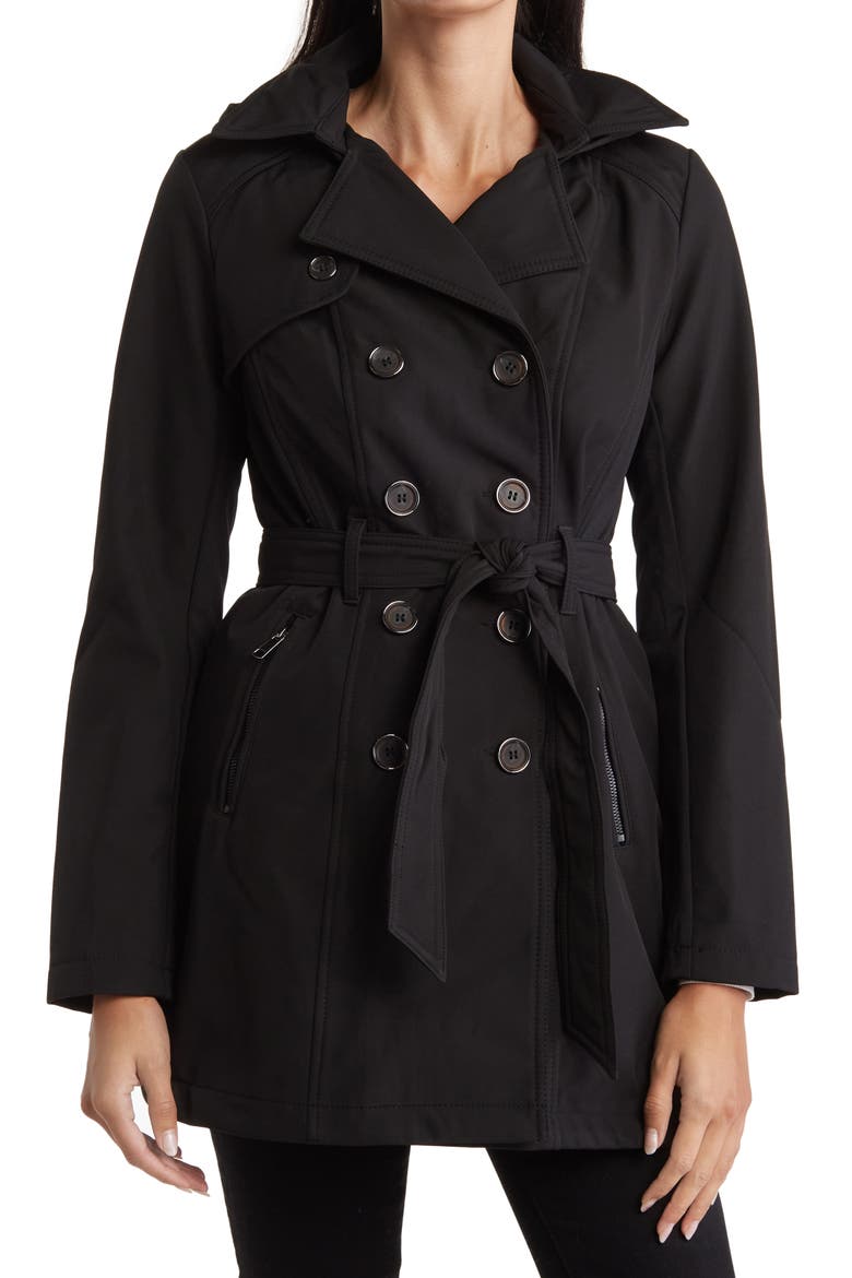 Water-Resistant Hooded Double-Breasted Trench Coat, Main, color, BLACK