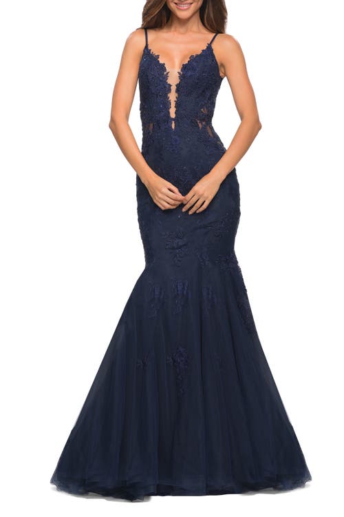 La Femme Tulle And Lace Mermaid Gown In Navy