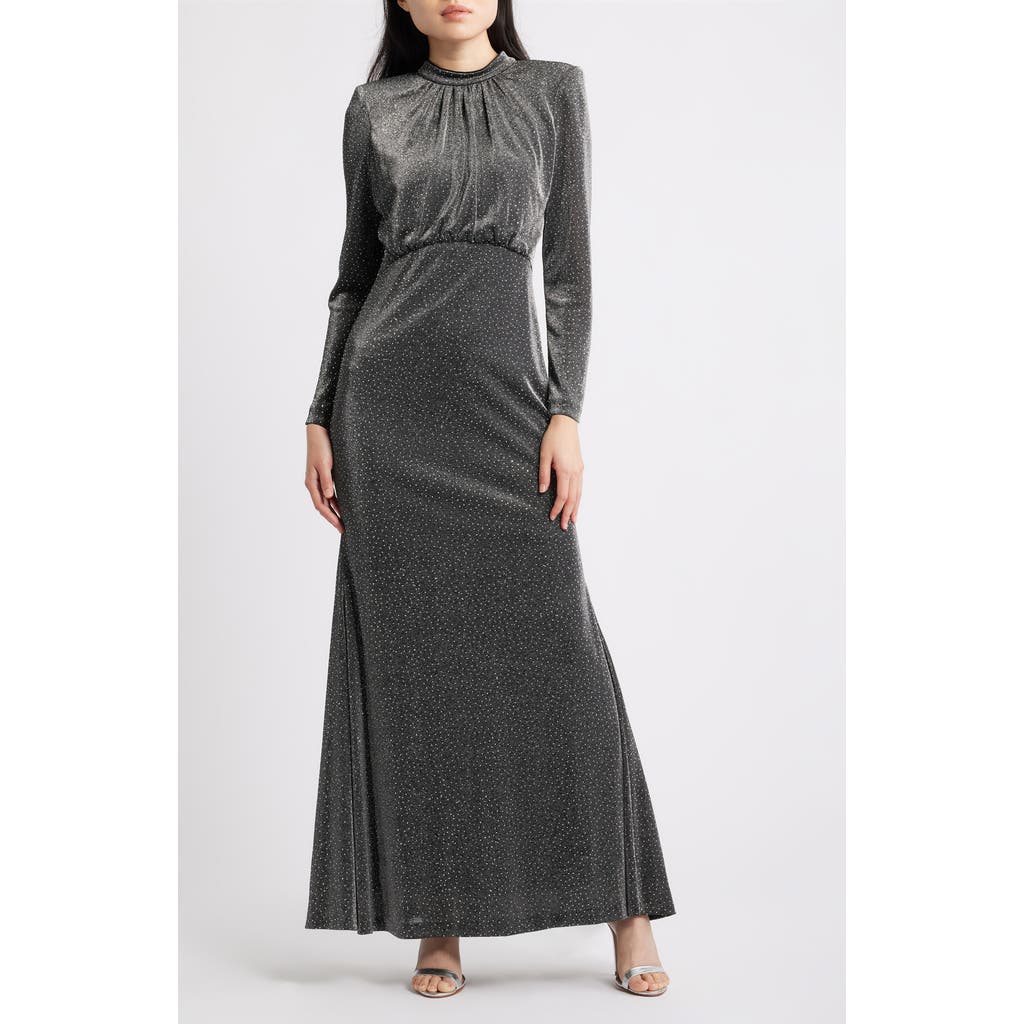 Vince Camuto Metallic Rhinestone Long Sleeve Mermaid Gown In Gray