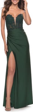 La Femme Long Dress with Jersey Skirt and Lace Illusion Bodice