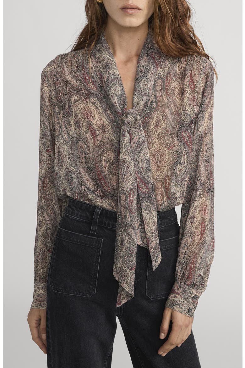 The Paisley Tie Neck Silk Shirt, Main, color, ECRU MULTI