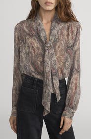 FRAME The Paisley Tie Neck Silk Shirt