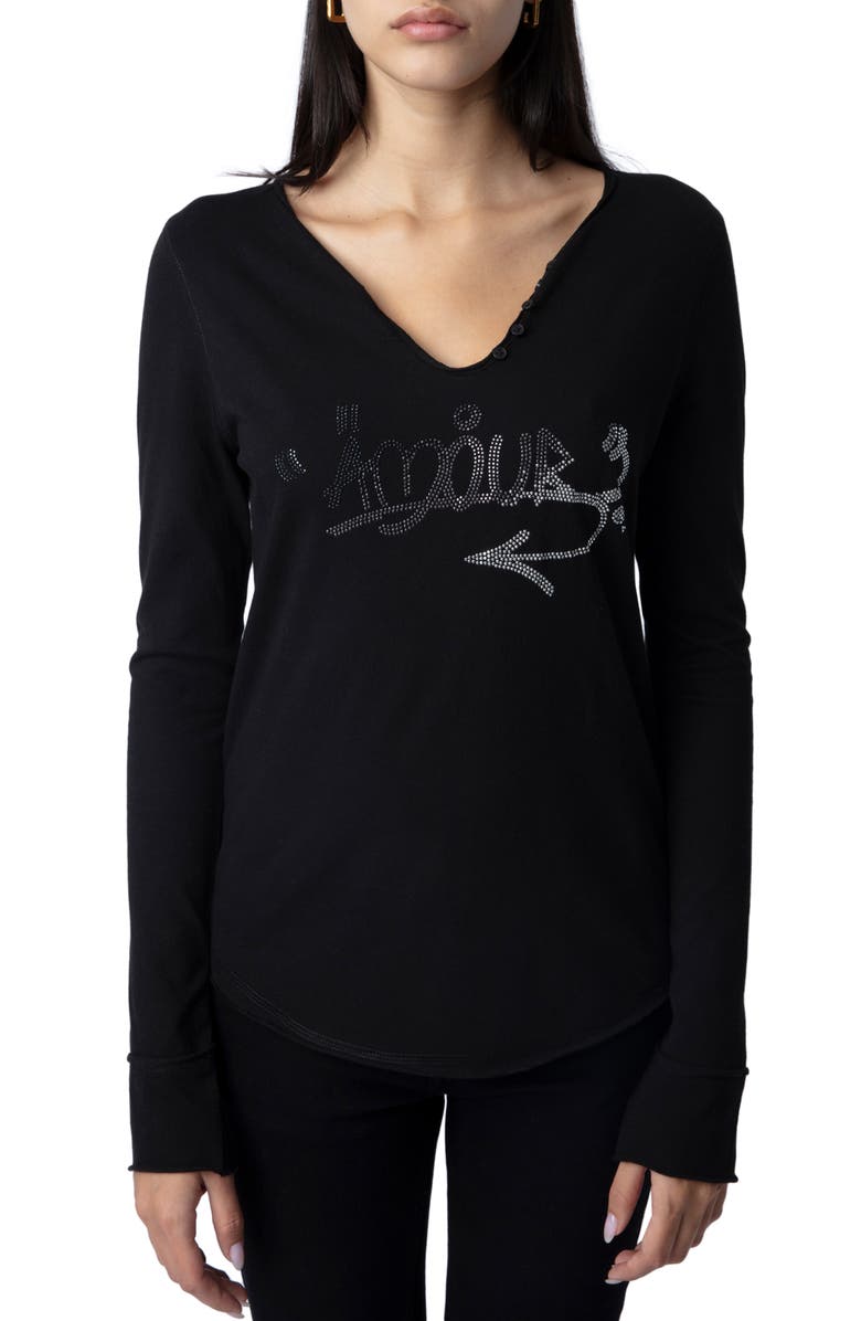 Zadig & Voltaire Tunisien Embellished Amour Long Sleeve T-Shirt, Main, color,