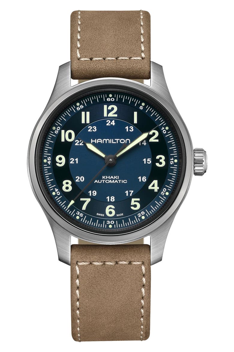 Khaki Field Titanium Automatic Leather Strap Watch, 42mm, Main, color, BLUE