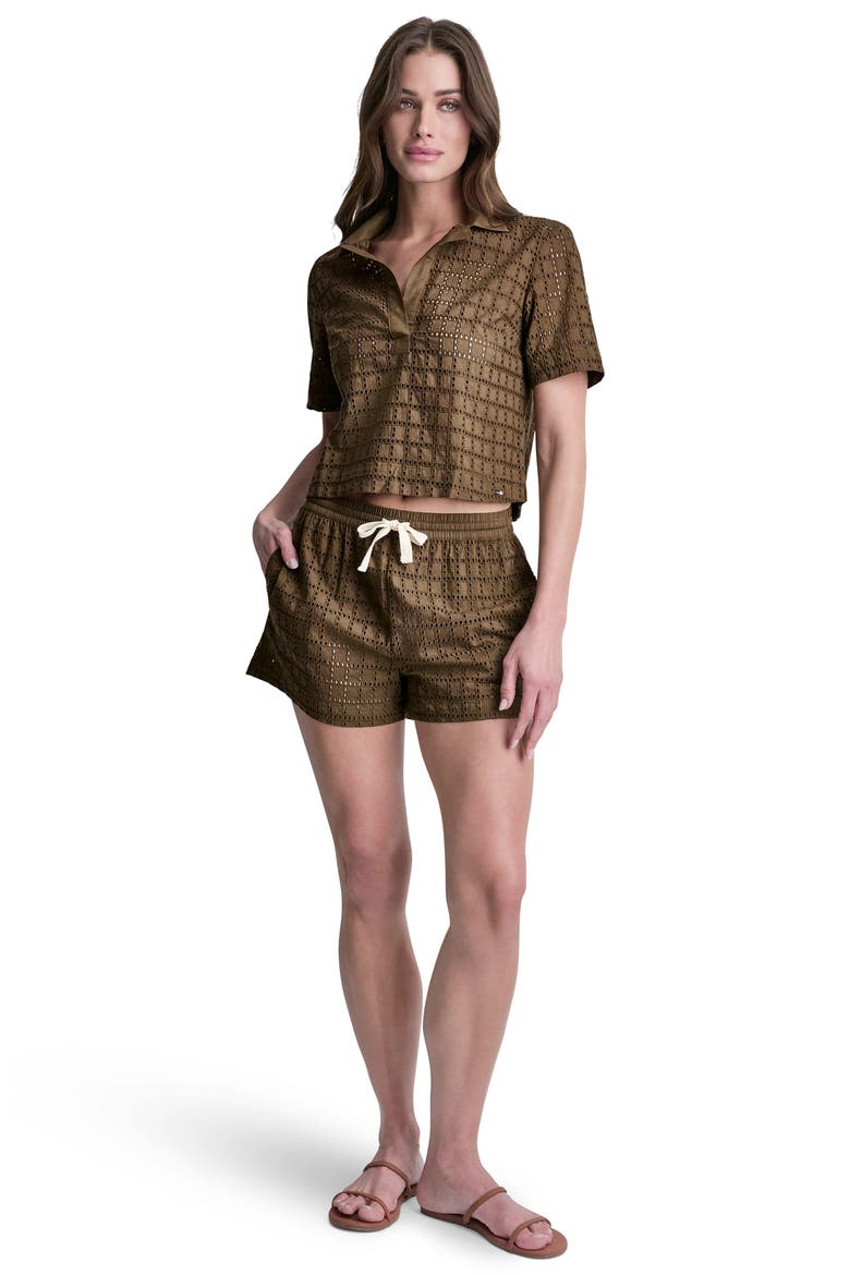 Short Sleeve Eyelet Johnny Collar Top, Alternate, color, MOCHA