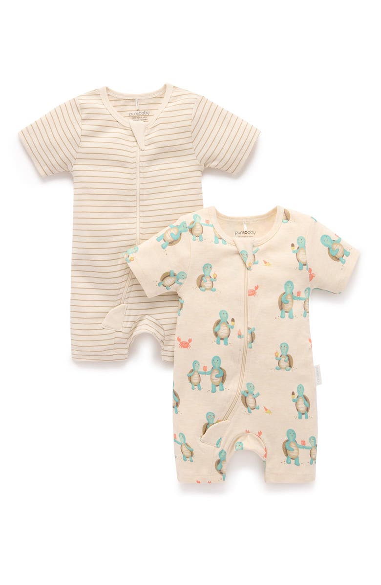 Purebaby 2 Pack Short Sleeve Zip Romper Whale Print, Main, color, Hungry Turtles Print
