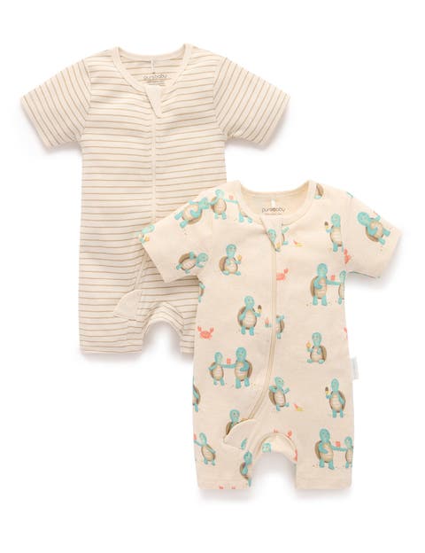 2 Pack Short Sleeve Zip Romper Whale Print