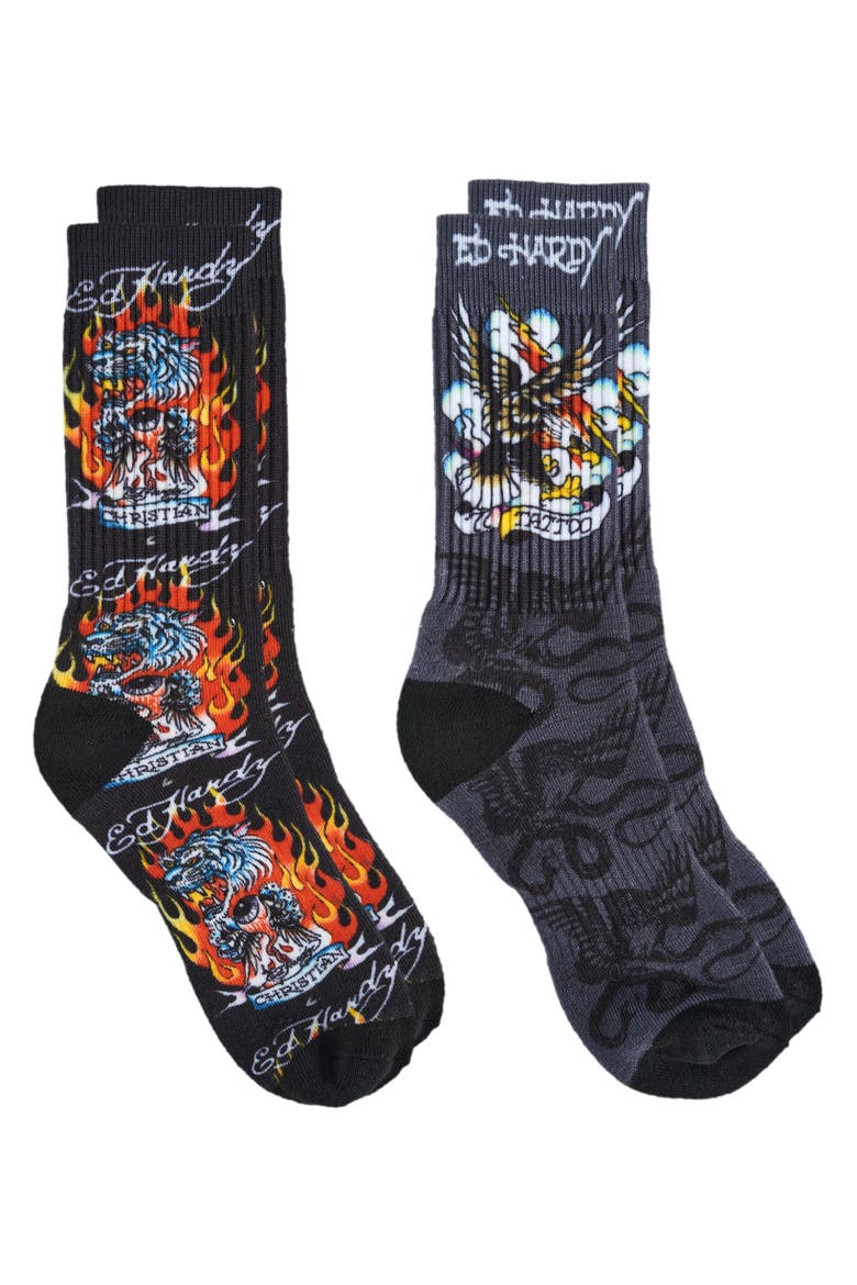 Flaming Eagle 360 Print Full Cushion Crew Sock 2-Pack, Alternate, color, Black