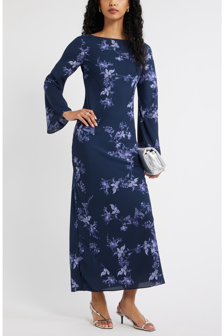 Print Long Sleeve Drape Back Dress, Main, color, NAVY-BLUE GARDEN TRAILS
