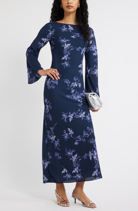 Print Long Sleeve Drape Back Dress