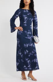 Open Edit Print Long Sleeve Drape Back Dress