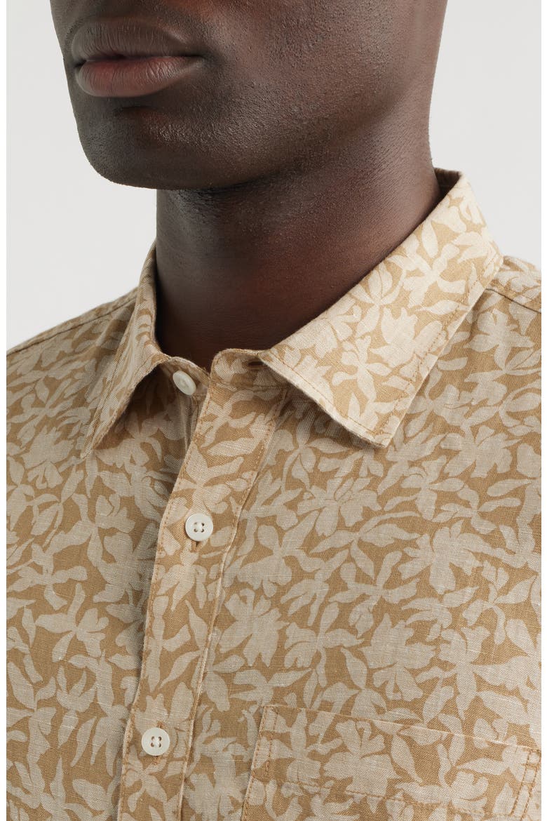 Shadows Short Sleeve Linen Button Front Shirt, Alternate, color, TAN FLORAL SHADOWS