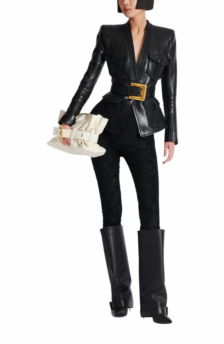 Balmain 1-Button Belted Leather Jacket, Alternate, color, Black