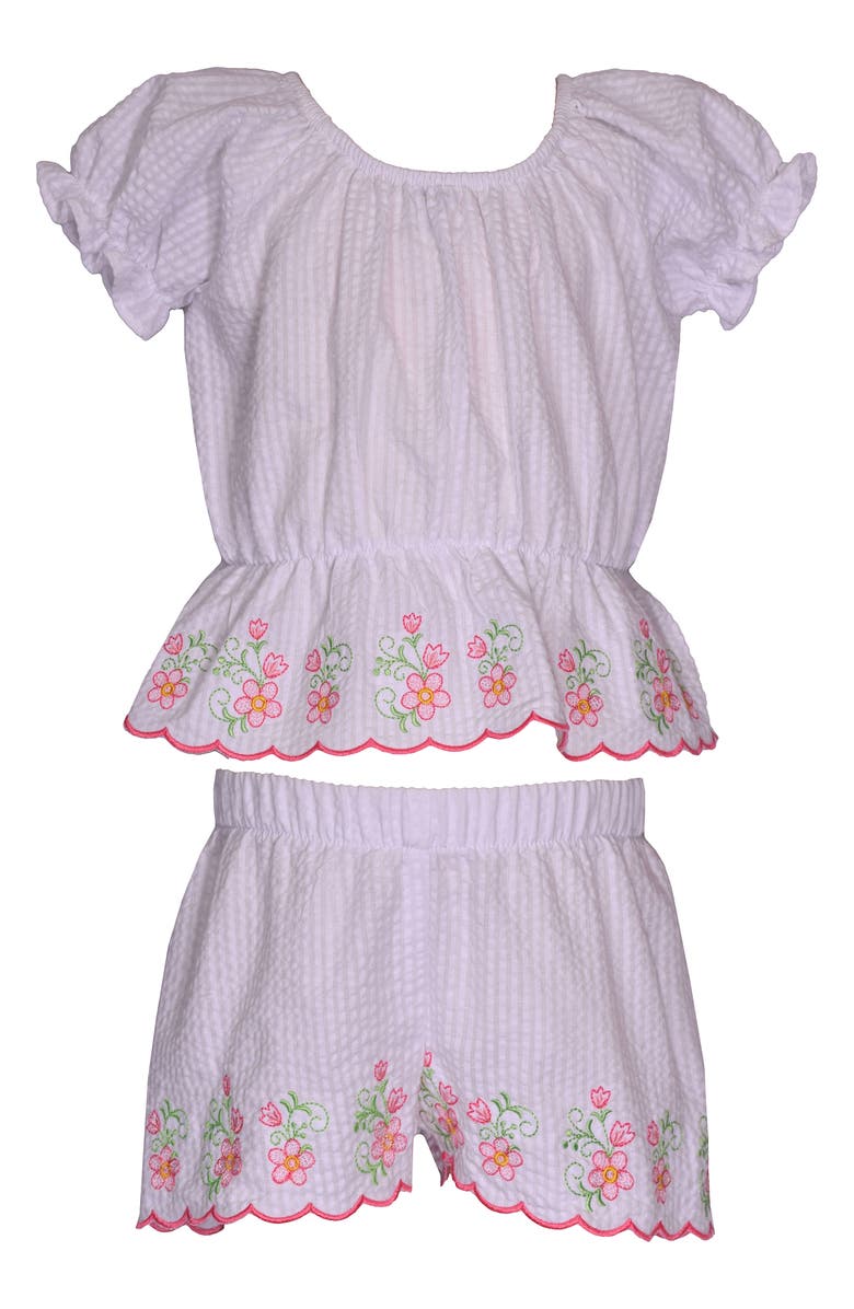 Bonnie Jean Embroidered Flower & Scallop Seersucker Set, Main, color,