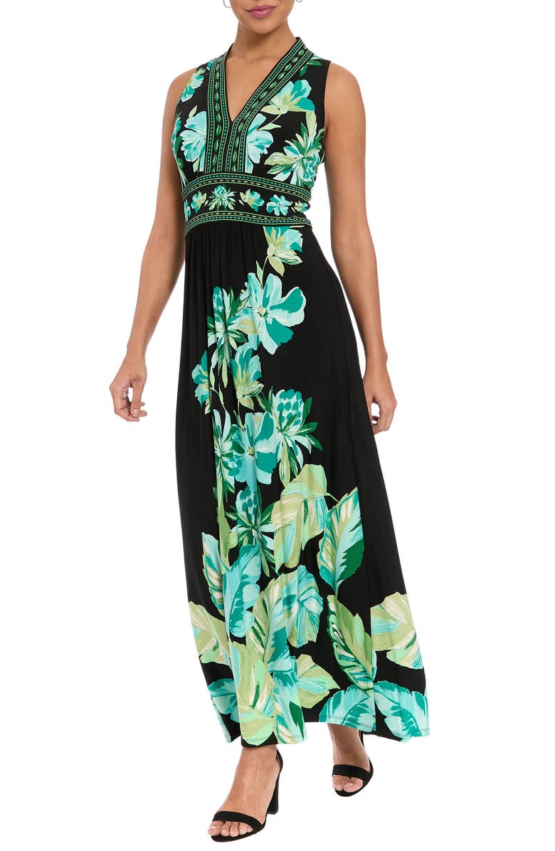 London Times V-Neck Maxi Dress, Alternate, color, Black/ Light Green