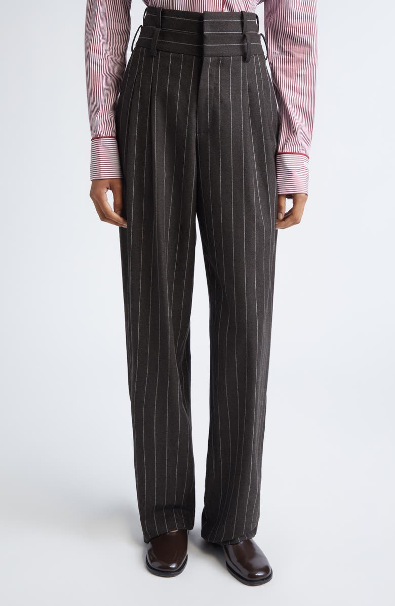 MONSE Double Waistband Pleated Pinstripe Stretch Wool Straight Leg Pants, Main, color, Brown