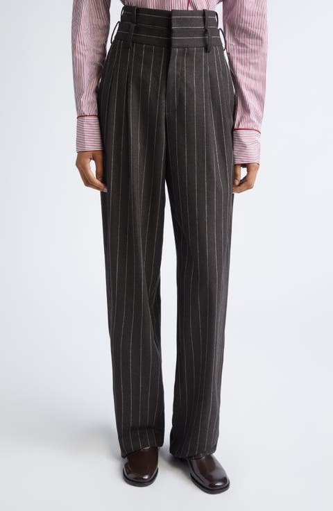 Double Waistband Pleated Pinstripe Stretch Wool Straight Leg Pants
