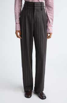 Double Waistband Pleated Pinstripe Stretch Wool Straight Leg Pants