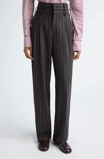 Double Waistband Pleated Pinstripe Stretch Wool Straight Leg Pants