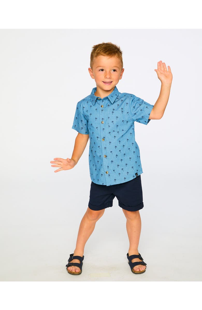 Deux par Deux Short Sleeve Palm Chambray Shirt, Alternate, color, Blue Chambray Palm Print