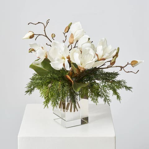 Lifelike Cedar, Magnolia Leaf Bloom Branch in Square Crystal Cut Cube Vase Christmas Holiday Centerpiece Water Illusion Arrangement
