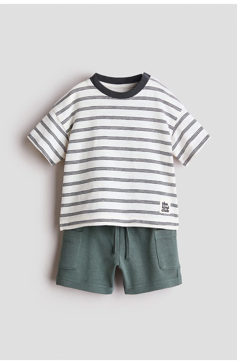 H&M 2-piece T-shirt And Shorts Set, Main, color, Khaki Green/Gray Striped