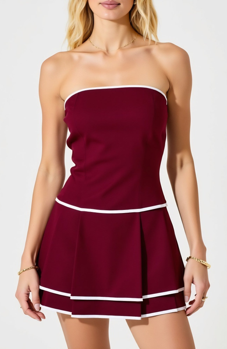 Modenaire Strapless Contrast Trim Pleated Mini Dress, Alternate, color, Burgundy / White