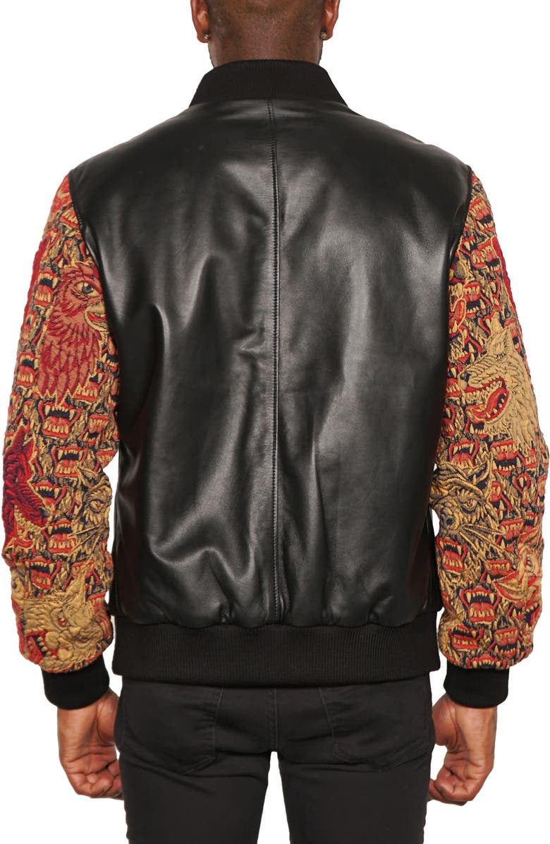 Maceoo Embroidered Sleeve Leather Bomber Jacket, Alternate, color, 