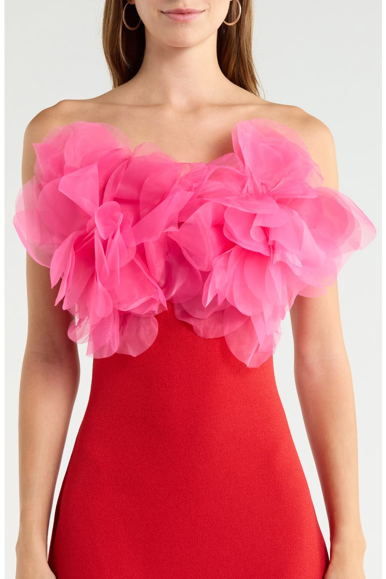Kailany Floral Organza Trim Strapless Midi Dress, Alternate, color, RED PINK