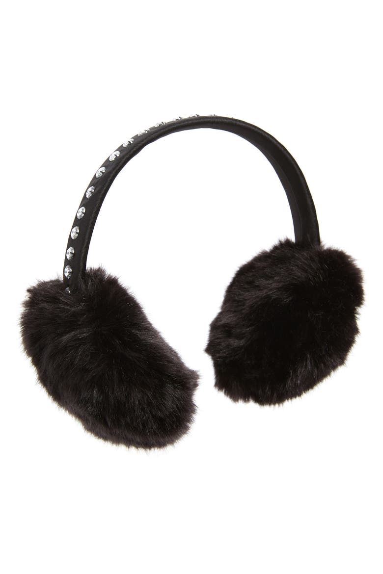 bedazzled faux fur earmuffs, Main, color, BLACK