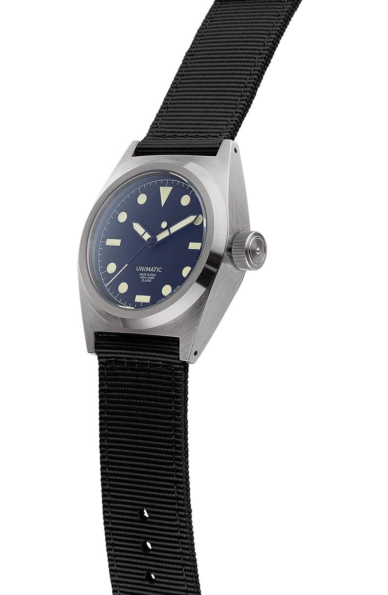 UNIMATIC Modello Due Automatic NATO Strap Classic Watch, 37mm x 39mm, Alternate, color, Black Steel
