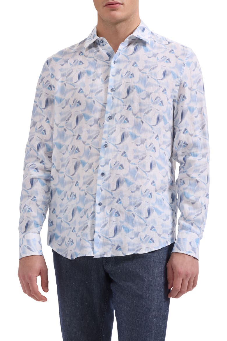 Julian Shaped Fit Abstract Print Linen Button-Up Shirt, Main, color, AIR BLUE