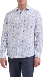 Bugatchi Julian Shaped Fit Abstract Print Linen Button-Up Shirt