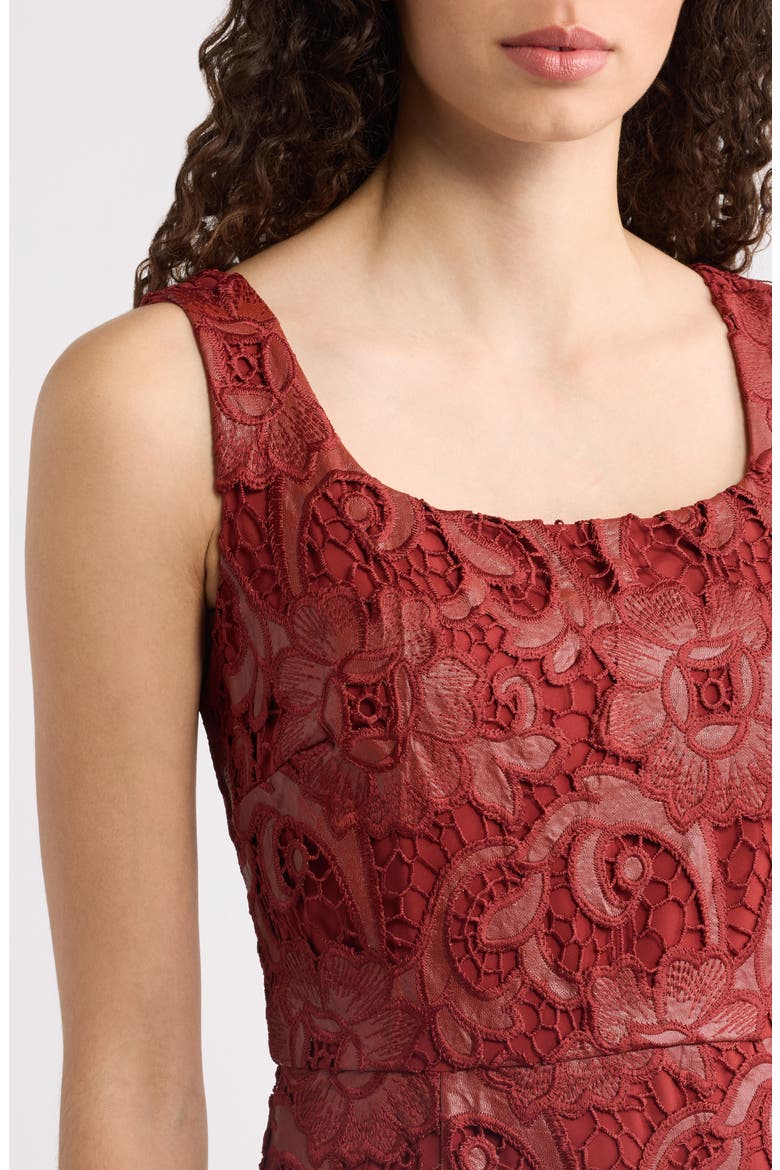 The Chayanne Faux Leather Floral Lace Midi Dress, Alternate, color, TOASTED SAFFRON