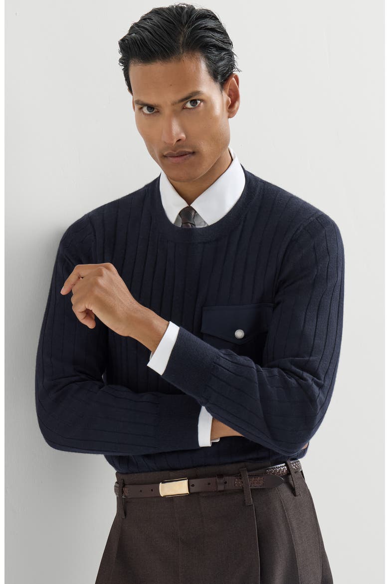 Cashmere and silk ribbed sweater with chest pocket, Alternate, color, Navy Blue